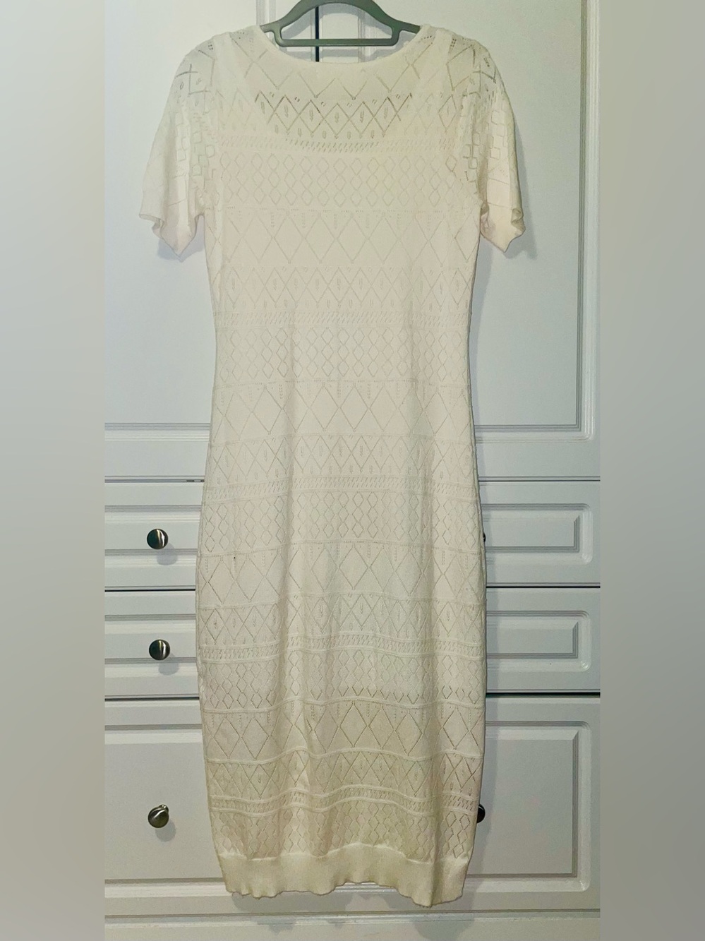 Soft Cream Knit Midi Dress with Subtle Diamond Design